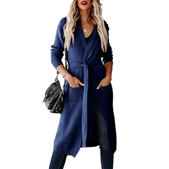 Womens Long Cardigans Cable Knitted Open Front Oversized Belted Solid Color Outerwear Sweater Coat Knitwear