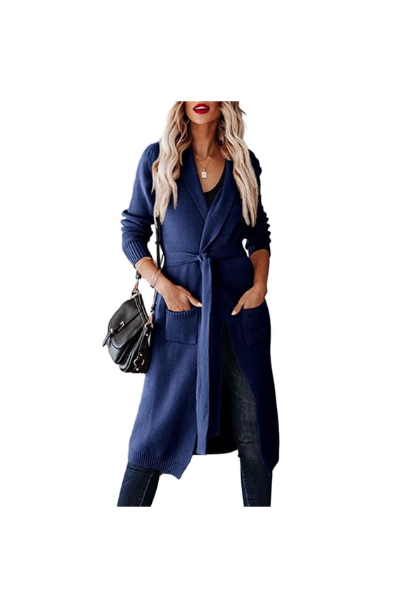 Womens Long Cardigans Cable Knitted Open Front Oversized Belted Solid Color Outerwear Sweater Coat Knitwear