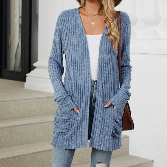 Womens Long Cardigans Cable Knitted Open Front Oversized Hooded Outerwear Sweater Coat Ndbuld Women's Fashion Brushed Stripe Long Sleeve Women's Cardigan Coat Blue S