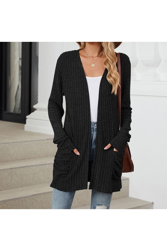 Womens Long Cardigans Cable Knitted Open Front Oversized Hooded Outerwear Sweater Coat Ndbuld Women's Fashion Brushed Stripe Long Sleeve Women's Cardigan Coat Black L