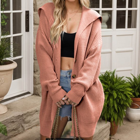 Womens Long Cardigans Cable Knitted Open Front Oversized Hooded Outerwear Sweater Coat