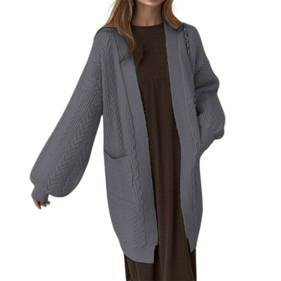 Womens Long Cardigans Cable Knitted Open Front Oversized Hooded Outerwear Sweater Coat
