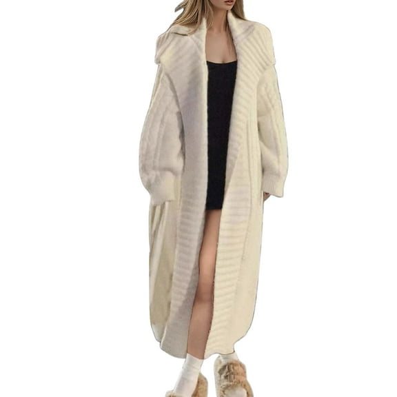Womens Long Cardigans Fuzzy Cable Knitted Open Front Hooded Sweater Outerwear Solid Color Soft Cozy Warm Trendy Coat