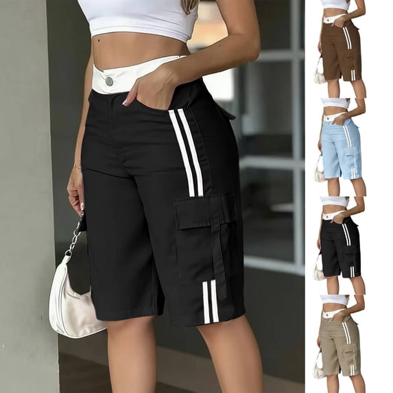 Womens Long Cargo Shorts Knee Length Elastic Waist Side Stripes Trendy Streetwear Summer Casual Utility Shorts Black M