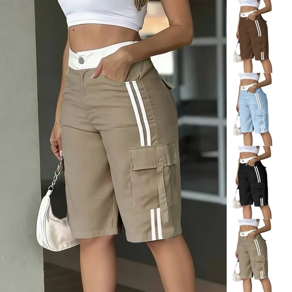 Womens Long Cargo Shorts Knee Length Elastic Waist Side Stripes Trendy Streetwear Summer Casual Utility Shorts Khaki XL