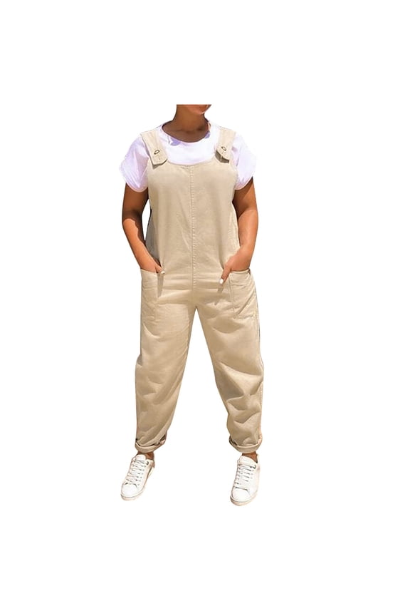 Womens Button Straps Bib Overalls Dressy Casual Loose Straight Long Pants Trousers Rompers Jumpsuits with Pockets