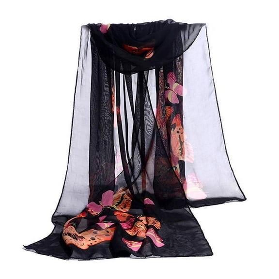 Womens Long Chiffon Scarf Butterfly Flower Print Soft Wrap Shawl Silk Ladies O0