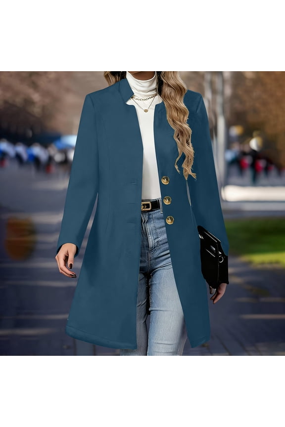 Womens Long Coat Warm Button Peacoat Jacket Notched Dressy Trench Coats Fall Winter Outerwear Blue M