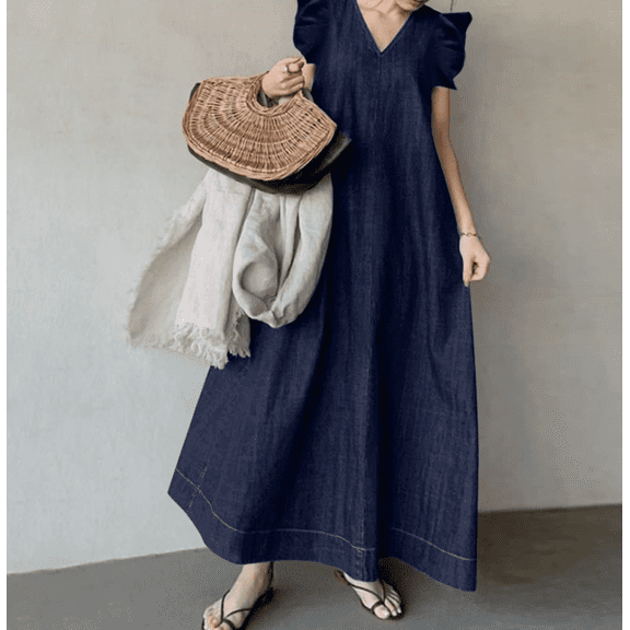Womens Long Denim Dress Plus Size Casual Loose Fit Ruffle Sleeveless V-Neck Jean Maxi Dresses for Women&nbsp;