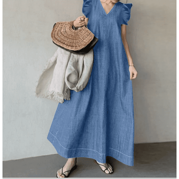 Womens Long Denim Dress Plus Size Casual Loose Fit Ruffle Sleeveless V-Neck Jean Maxi Dresses for Women&nbsp;