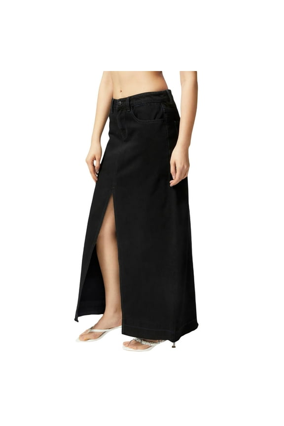 Womens Long Denim Skirts, Casual Mid Waist Split Front Midi Jean Skirts with Pockets