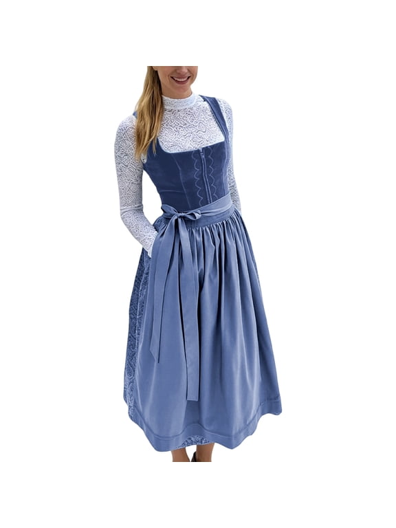Womens Long Dirndl Dress, Lace Blouse and Velvet Bodice with Apron Skirt Oktoberfest