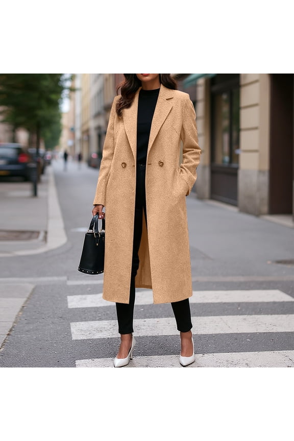 Womens Long Double-Breasted Notch Lapel Coat Winter Warm Trench Coat Camel XL