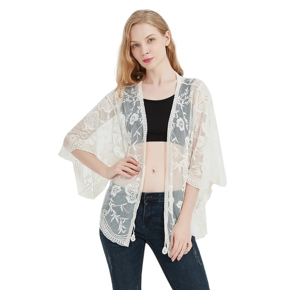 Womens Long Embroidered Lace Kimono Cardigan with Half Sleeves, Beige, One Size