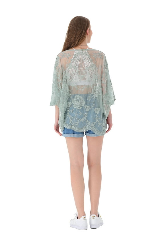 Womens Long Embroidered Lace Kimono Cardigan with Half Sleeves, Green, One Size