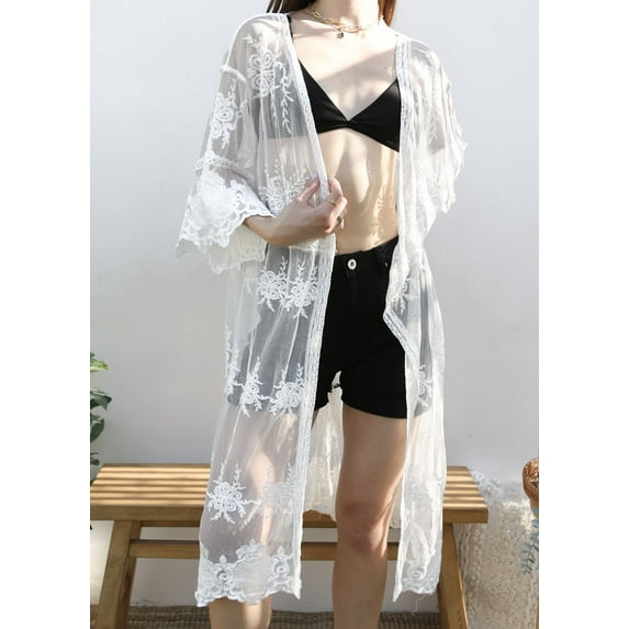Womens Long Embroidered Lace Kimono Cardigan with Half Sleeves, Ivory, Onesize