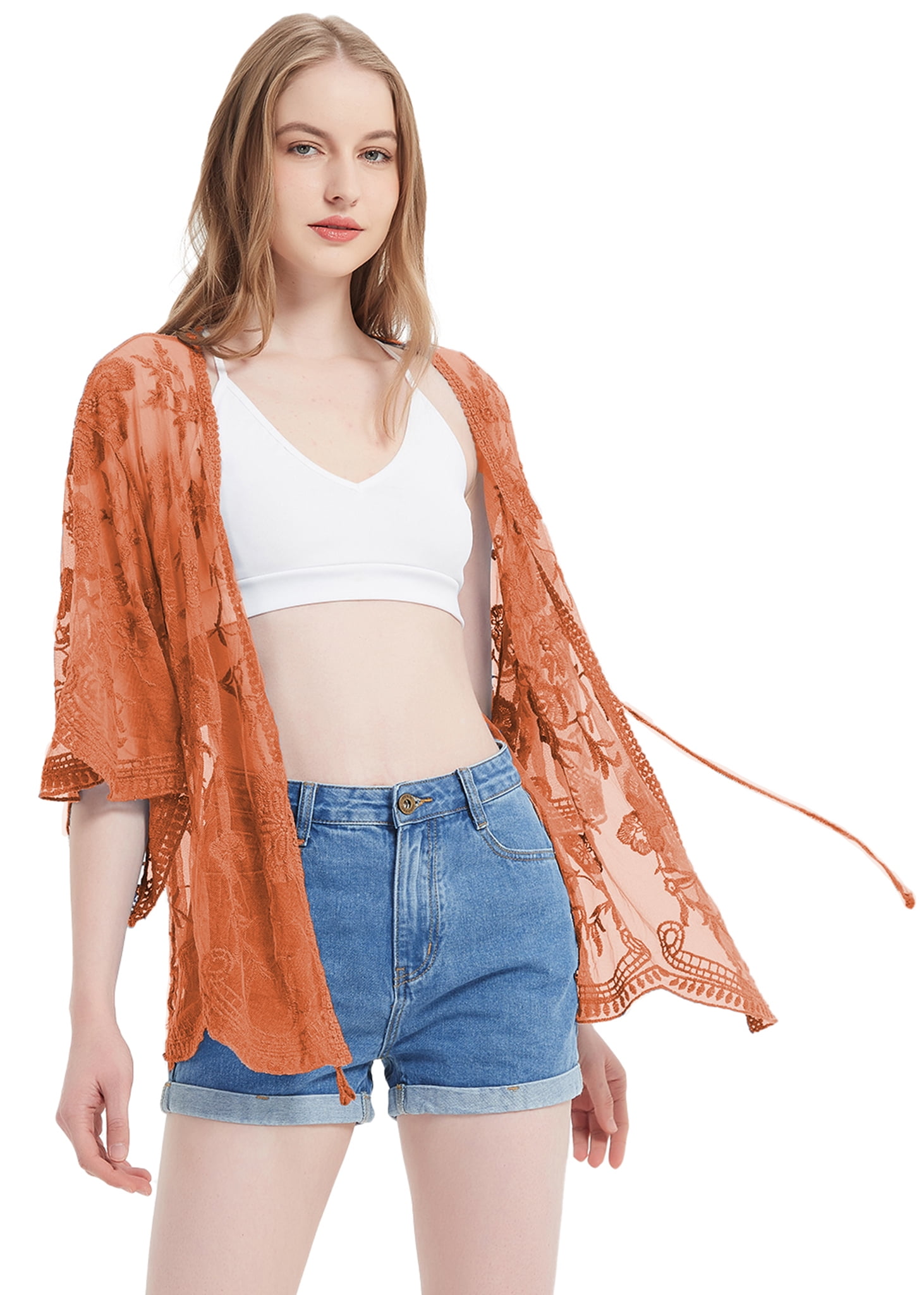 Womens Long Embroidered Lace Kimono Cardigan with Half Sleeves Rustic Orange One Size
