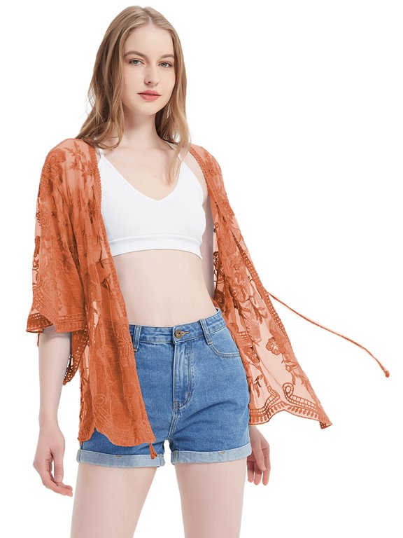 Womens Long Embroidered Lace Kimono Cardigan with Half Sleeves, Rustic Orange, One Size