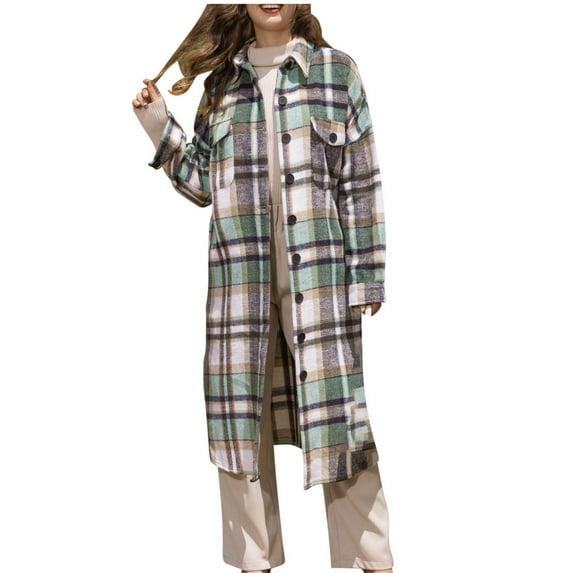 Womens Long Flannel Coats - Plaid Jackets for Women Casual Travel Shirt Collar Long Sleeve Button up Flannel Jackets with Chest Pockets