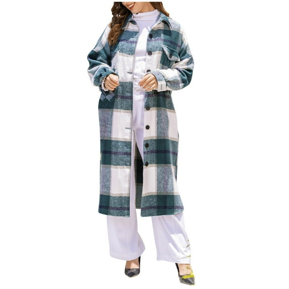 Womens Long Flannel Jackets, Button-up Plaid Shirt Jackets for Women Casual Winter Warm Fleece Lapel Collar Long Sleeve Plaid Jackets with Chest Pockets