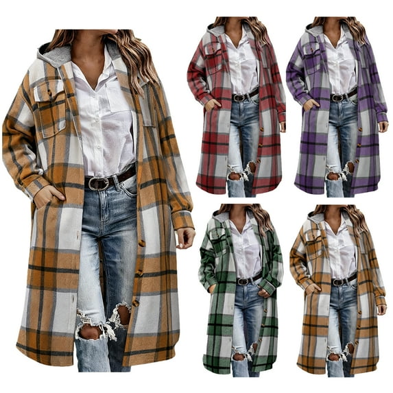 Womens Long Flannel Jackets, Plaid Shirts for Women Winter Travel Long Sleeve Button-Up Shirt Hoodie Jackets with Chest Pockets and Side Pockets