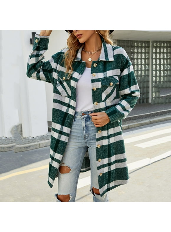 Womens Long Flannel Plaid Shacket Jacket Trendy Fall Long Sleeve Button Down Shirts Casual lannel Tartan Trench Coats