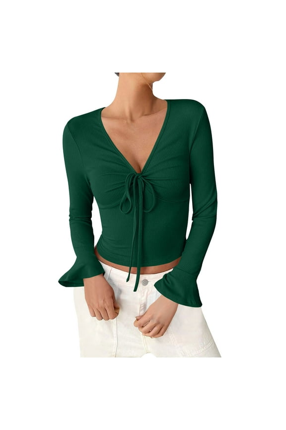 Womens Long Flared Sleeves Shirts Lace-up Spring Tops Solid Casual V Neck Knit Crop T-Shirts Blouse