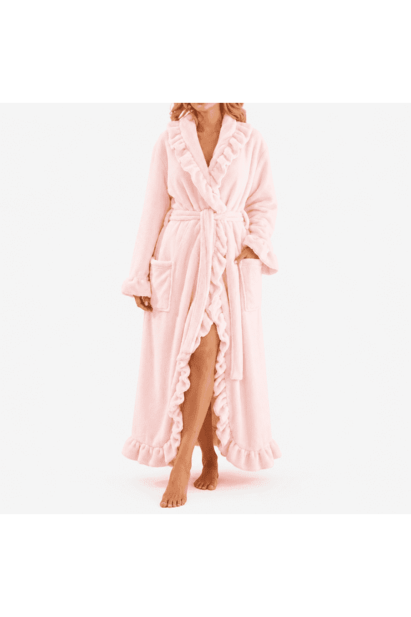 Womens Long Fleece Robe, Flannel Fuzzy Ruffle Long Bathrobes Winter Warm Tie Cardigan Loungewear with Pockets L