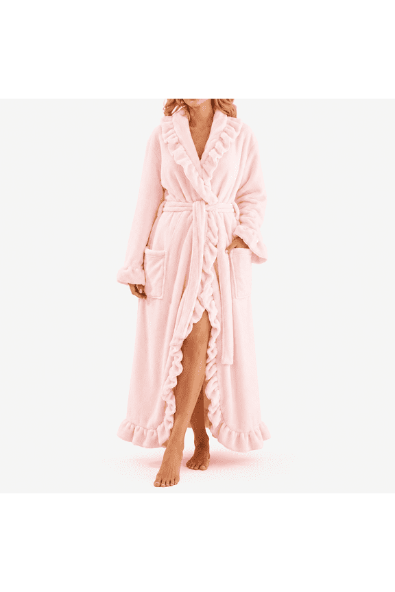 Womens Long Fleece Robe, Flannel Fuzzy Ruffle Long Bathrobes Winter Warm Tie Cardigan Loungewear with Pockets L