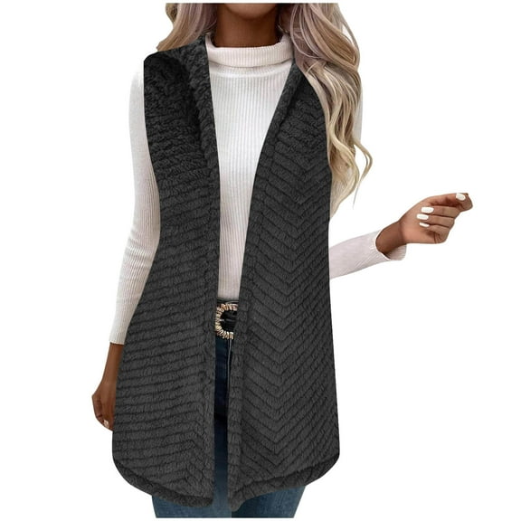 Womens Long Fleece Vest Open Front Hooded Outerwear Quilted Vest Soft Sleeveless Sherpa Jacket Coat Dark Gray, 2XL