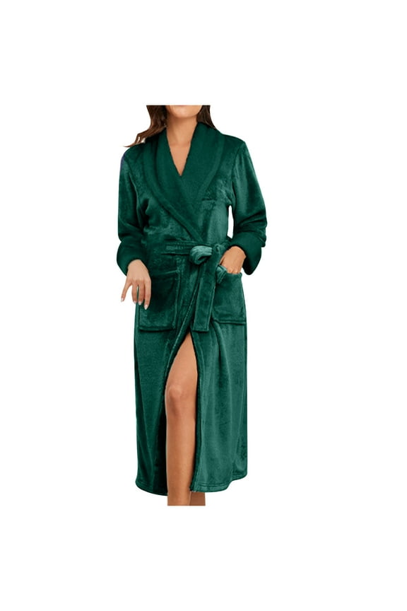 Womens Long Fluffy Bathrobes Comfy Flannel Plush Lapel Kimono Robes Soft Winter Warm Spa Robe with Pockets