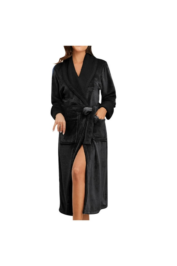Womens Long Fluffy Bathrobes Comfy Flannel Plush Lapel Kimono Robes Soft Winter Warm Spa Robe with Pockets