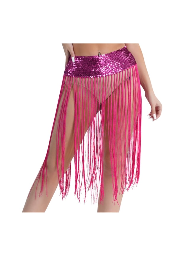 Womens Long Fringe Skirts Latin Belly Dance Party Sequin Sparkly Tassel Mid Skirts Hot Pink, Free Size