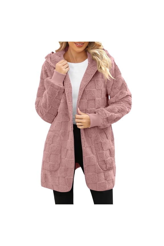 Womens Long Fuzzy Fleece Cardigan with Hood Open Front Long Sleeve Casual Jacket Fall Winter Warm Outerwear New Sweaters for Women Trendy Pinky S
