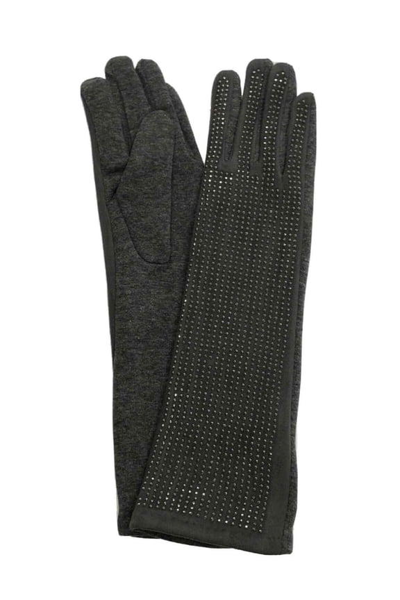 Womens Long Gray Rhinestone Stretch Fit Evening Gloves 14.5 Inch