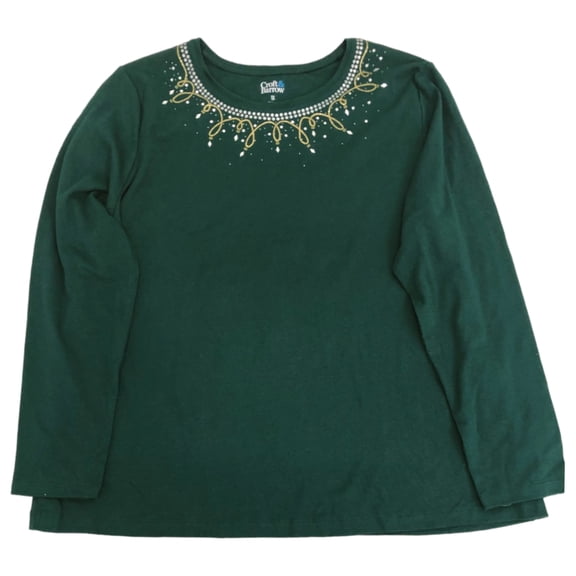 Womens Long Green Rhinestone Christmas Light Holiday T-Shirt Tee Shirt 1X