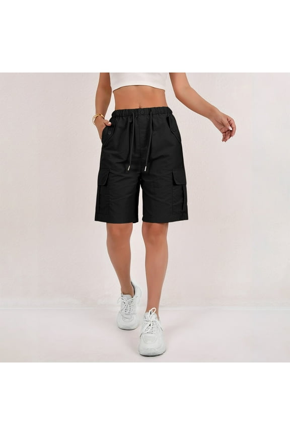 Womens Long High Rise Bermuda Cargo Shorts Wide Leg Quick Dry Knee High Pull On Stretch Business Shorts Elastic Waist Sweat Shorts with Pocket Black M