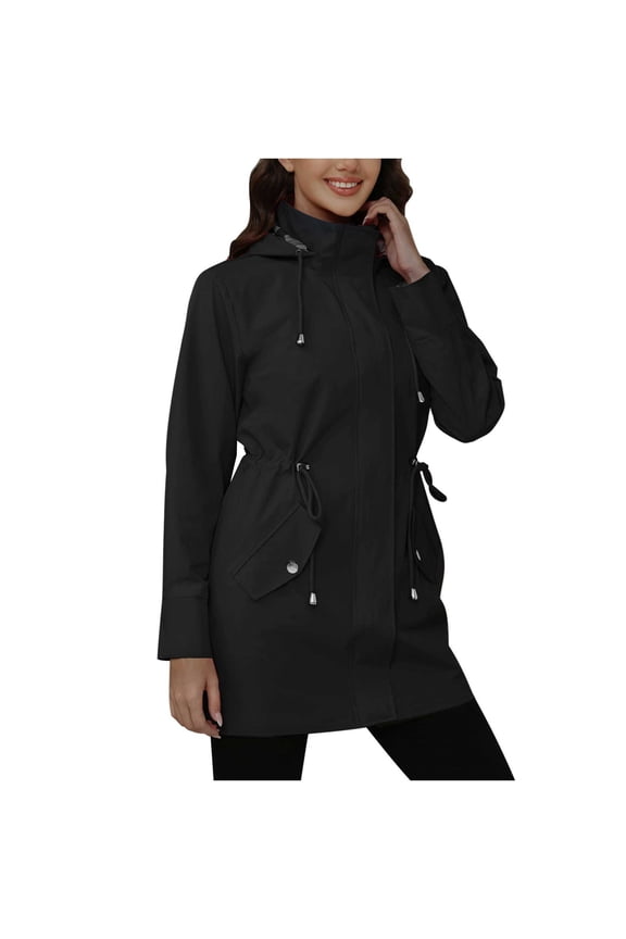 Womens Long Hiking Jackets Waterproof Zipper Outdoor Active Fashion Jackets Windbreaker Tunic Trench Coat with Pocket Black, 2XL