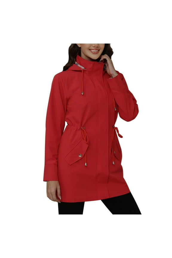 Womens Long Hiking Jackets Waterproof Zipper Outdoor Active Fashion Jackets Windbreaker Tunic Trench Coat with Pocket Red, 2XL