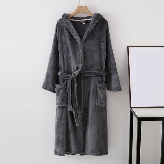 Womens Long Hooded Bathrobe, Soft Warm Fleece Full Length Robe Winter Thicken Loungewear Sleepwear with Pockets New Bath Robe Women Lightweight Gray XL