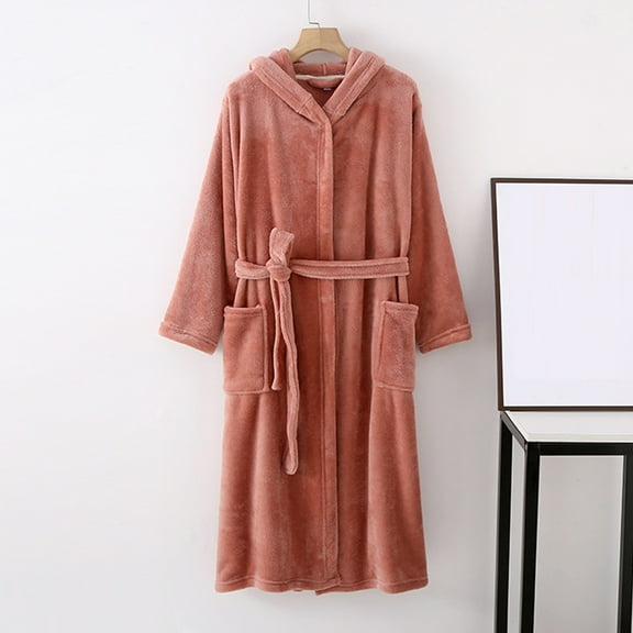 Womens Long Hooded Bathrobe, Soft Warm Fleece Full Length Robe Winter Thicken Loungewear Sleepwear with Pockets New Bath Robe Plus Size Red XXL