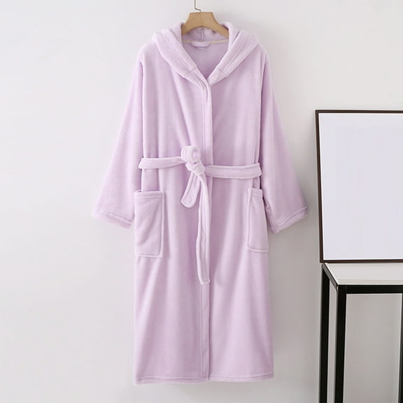 Womens Long Hooded Bathrobe, Soft Warm Fleece Full Length Robe Winter Thicken Loungewear Sleepwear with Pockets New Women's Soft Robes Purple XXL