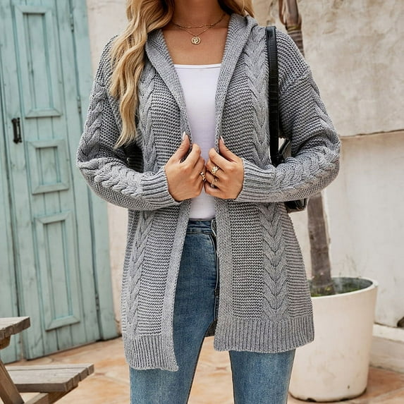 Womens Long Hooded Cardigan Sweaters Oversized Fall Cardigans 2025 Ndbuld Women Casual Solid Color Hooded Dough Twists Knitwear Warm Cardigan Coat Gray S