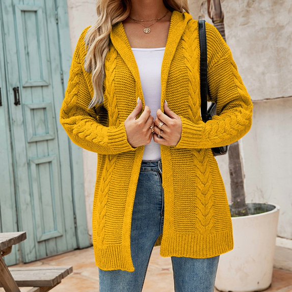 Womens Long Hooded Cardigan Sweaters Oversized Fall Cardigans 2025 Ndbuld Women Casual Solid Color Hooded Dough Twists Knitwear Warm Cardigan Coat Yellow XL