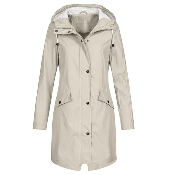 Womens Long Hooded Rain Jacket Waterproof Outdoor Raincoat Lightweight Outdoor Trench Coat Windbreaker with Pockets Beige XL