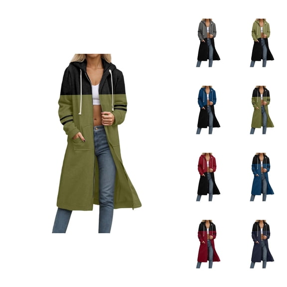 Womens Long Hoodie 2025 Color Block Long Sleeve Full Zipper Hoodies with Pocket Jacket Cardigan Coat Hooded Sweatshirt