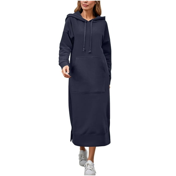 Womens Long Hoodies Maxi Dress Fall Winter Casual Pullover Long Sleeve Hooded Sweatshirt Hooded Dress with Drawstring and Pocket Navy XXL