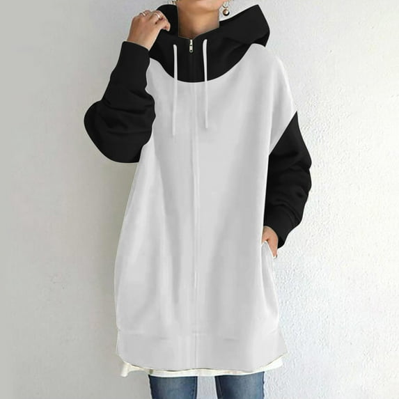Womens Long Hoodies Pullover,Women's Patchwork Zipper Long Sleeve Hooded Sweatshirts with Pockets Fall Winter Fashion Casual Loose Coat Tops