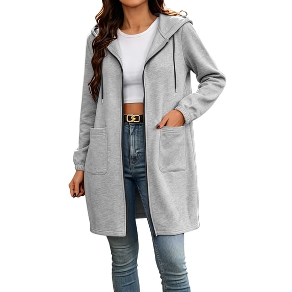 Womens Long Hoodies Zip Up Plain Hoodie Long Sleeves Ladies Fleece Longline Hoodie Sweatshirts Casual Loose Hooded Coat Zipper Plus Size Tops Pullover Jacket with Pockets