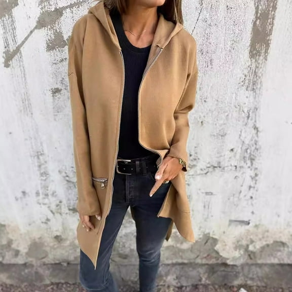 Womens Long Hoodies Zip Up Long-Sleeve Hooded Sweatshirt Casual Loose Solid Color Pockets Jacket with Hood (Khaki 5XL)